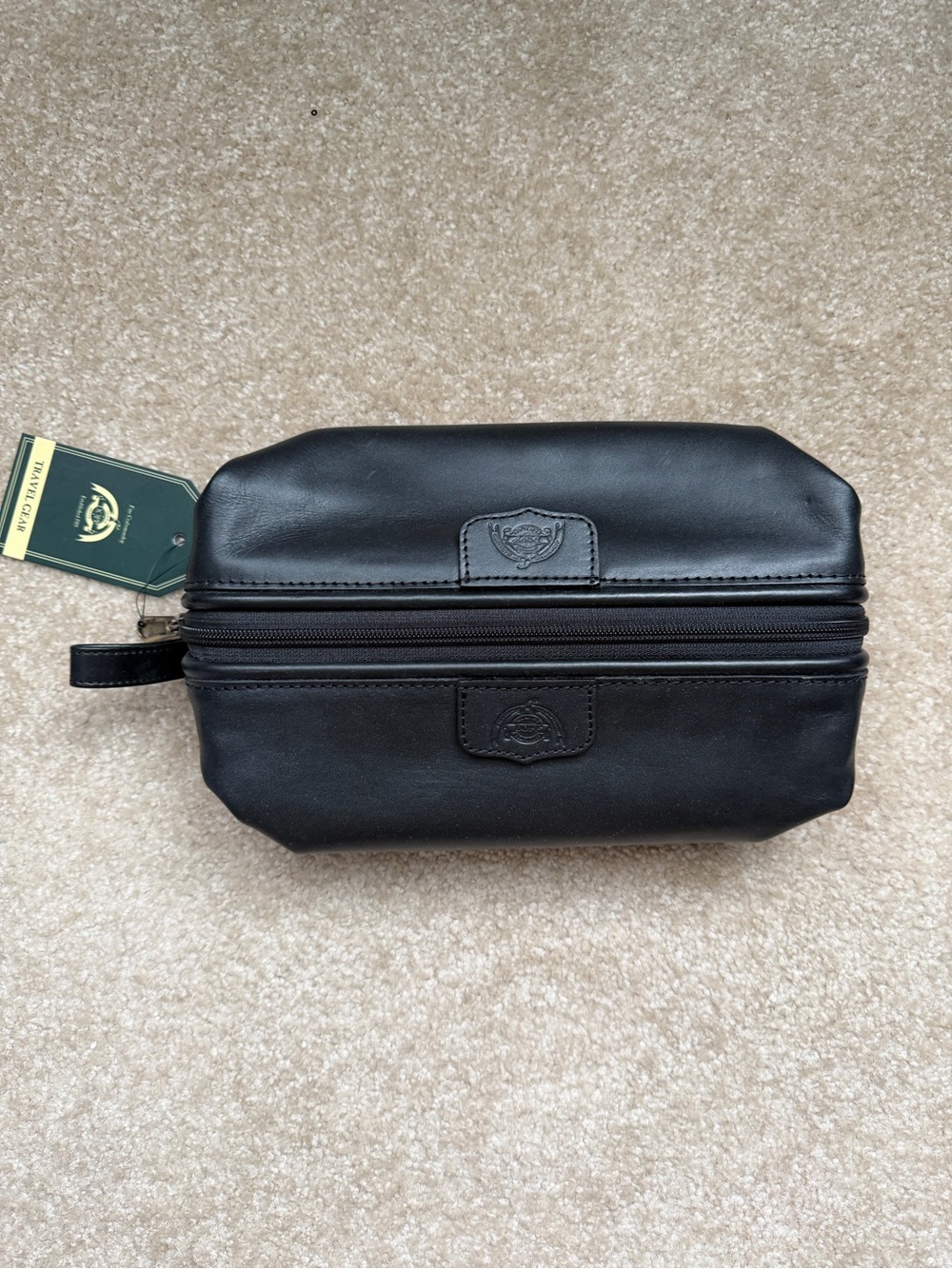 Dopp Black Leather Zip Toiletry Bag
